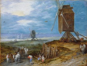 Holland: Kiterjedt táj, előtérben malmok, parasztok és kocsik Kiterjedt táj, előtérben malmok, parasztok és kocsik alkotó: Jan Brueghel the Elder