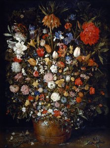 Virágok egy fából készült edényben alkotó: Jan Brueghel the Elder