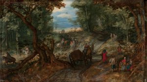 Erdő, patakot átszelő szekerek és lovasok alkotó: Jan Brueghel the Elder
