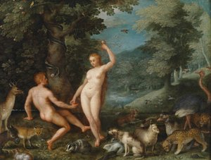 Paradicsomi táj Évával csábító Ádám alkotó: Jan Brueghel the Younger