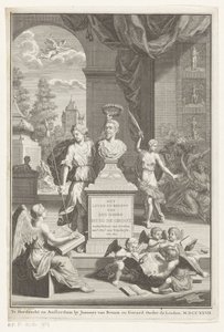 Hugo de Groot mellszobra Victoria által dicsért Huig de Groot úr élete és üzlete (cím a tárgyon) Címlap: Caspar Brandt és Adriaan van Cattenburg, Huig de Groot úr életének története, 1727