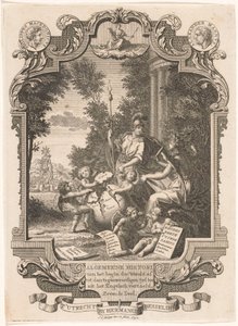 Kartuss Görögország történetének allegóriájával Címlap ehhez: Kornelis Westerbaen, Algemeene histori, 1742