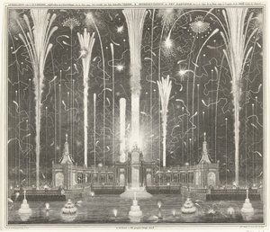 Tűzijáték Hágában az aacheni békéért, 1749 A tűzijáték ábrázolása, Hágában, 1749. június 13-án, használta: den Aakensche Vreede / Representation du feu d