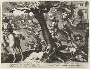 Hertenjacht met honden Jachttaferelen (sorozat címe) Vadra, tyúkra és halra vadászat a Bestiáriumban (sorozat címe) alkotó: Jan Collaert (II) (attributed to)