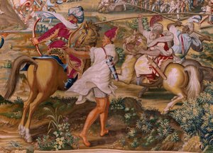 Flamand kárpit. sorozat: Tunisz meghódítása. A La Goleta elleni támadás (Ataque a la Goleta). A sorozat negyedik kárpitja. Jan Vermeyen modell és Pieter Coecke van Aelst. 1543-1548. Gyártás Real Fábrica de Tapices de Santa Bárbara, Madrid