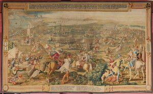 Flamand kárpit. sorozat: Tunisz meghódítása. A támadás La Goleta ellen (Ataque a la Goleta). A sorozat negyedik kárpitja. Jan Vermeyen modell és Pieter Coecke van Aelst. 1543-1548. Gyártás Real Fábrica de Tapices de Santa Bárbara, Madrid