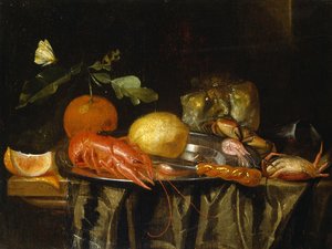 Egy rák, garnélarák és citrom óntányéron terített asztalon (olaj, vászon) alkotó: Jan Davidsz de (after) Heem