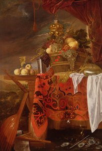 Egy kosár vegyes gyümölccsel aranyozott csészével, ezüst kehely, Nautilus, üveg és őszibarack tányéron alkotó: Jan Davidsz de Heem