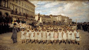 La revue des ecoles en 1878 Jan Verhas (1834-1896) festménye 1878 V. 2,41x4,02 m Brüsszel, Beaux Arts royale - Az iskolák felvonulása 1878-ban. Jan Verhas (1834-1896) festménye alkotó: Jan Frans Verhas