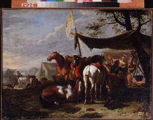 "Group Of Horsemen At Camp" (A lovassági tábor) Jan Frans van Bloemen (1662-1749) festménye, 18. századi távol-keleti művészeti múzeum, Habarovszk, Oroszország alkotó: Jan Frans van Bloemen