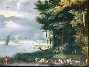 Egy tó partja evezős csónakokban felszálló alakokkal (olaj, vászon) alkotó: Jan Frans van Bredael