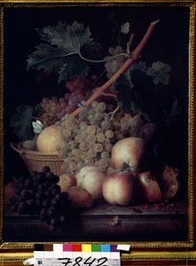 ""Gyümölcsök"" Őszibarack, szőlő, körte és gránátalma csendélet pillangókkal és darázssal. Jean Francois van Dael (1764-1840) festménye 1808 Puskin Múzeum, Moszkva