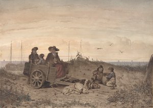 Egy halász család a tengerparton, az anya és az egyik gyerek kocsiban ül, 1855.
