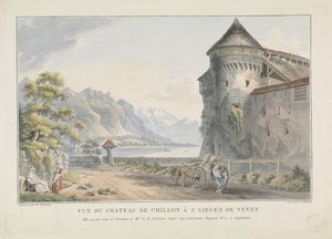 Kilátás a Chillon kasteel kastélyra Vue du Chateau de Chillon à 2 lieues de Vevey (cím a tárgyon)