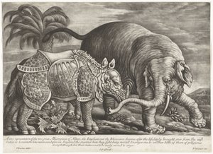 Olifant een neushoorn A természet két nagyszerű remekművének, az elefántnak és az orrszarvúnak valós ábrázolása (cím a tárgyon)