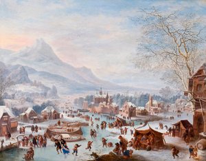 ""Téli jelenet korcsolyázókkal" (Téli jelenet korcsolyázókkal) Jan Griffier (kb. 1652-1718) festménye - Olaj, réz - Mérete 43x55 cm Hallwylska Museet, Stockholm