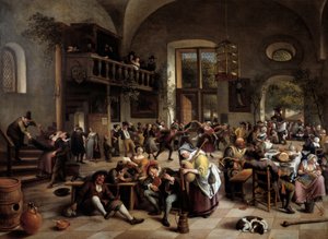 Buli egy fogadóban Zenészek, játékosok, ivók férfiai és női - Jan Havicksz (Havicksz) Steen (1626-1679) festménye