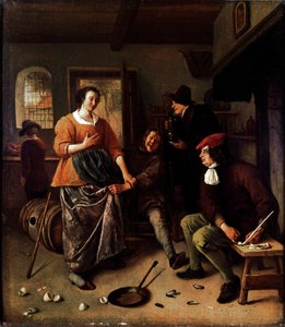 A törött tojások (egy fogadóban). Vidám karakterek csoportja a holland konyhában. A nő szoknyáját felemelő férfi a festő önarcképe. Jan Havickszoon Steen festménye (1625/6-1679) 1665-1670 V. 43x38 cm London, National Gallery - The Inte