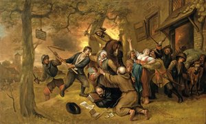 Parasztok és katonák egy kocsmán kívül – Hollandia megerőszakolásának allegóriája alkotó: Jan Havickszoon Steen