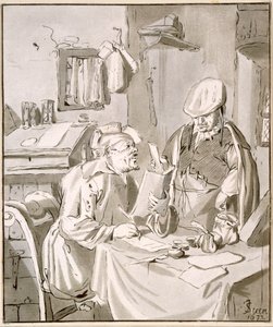 Két férfi pénzről beszélget egy irodában, 1672, Cornelis Ploos van Amstel (1726-98) vagy Christian Josi (1765-1828 körül) alkotó: Jan Havickszoon Steen