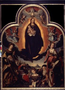 "La Vierge en Gloire" (A Szűz megdicsőülése) A Szűzet és Jézus Krisztust körülvevő szereplők közül: Dávid király hárfán játszik, Augustus római császár (Caius Julius Caesar Octavianus Augustus) (Kr. e. 63-14), próféták
