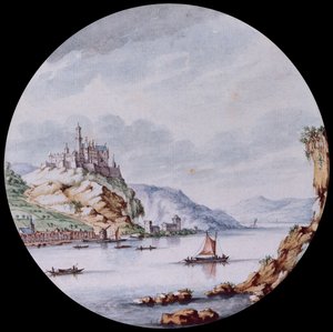 Kilátás a Rajna mentén St. Goar faluval és a Rheinfels kastélyával (fekete ólom, toll, szürke tus és akvarell)