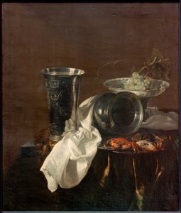 Bankett csendélet ezüst kupával, felborított kancsóval, alkotó: Jan Jansz. Treck