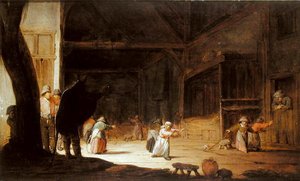 Egy álarcos, aki gyerekeket ijeszt egy istállóban alkotó: Jan Jansz van Buesem