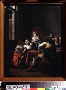 ""Les festivites"" (A vidám találkozás) lovasok és hölgyek csoportja boldogan gyűlt össze egy asztal körül. Idősebb Jan Joseph Horemans festménye (1682-1759) 18. századi Ivan Kramskoy (vagy Kramskoj) Szépművészeti Múzeum Voronyezsben (Voronyezs), Oroszorsz