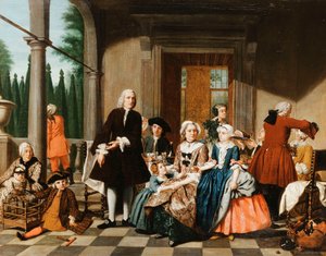 Egy portréban vacsorázó család portréja, egy formális kert mögött, 1747