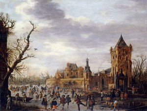 Kasteel Batestein Vianen képe télen egy úriemberrel, feleségével és kíséretével, akik téli sportokat néznek a jégen alkotó: Jan Josephsz van Goyen