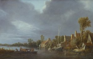 Falu a folyó mellett parasztokkal és marhákkal a kompon alkotó: Jan Josephsz van Goyen