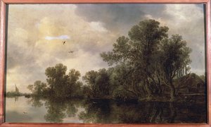 Erdős folyami táj, parasztokkal evezős csónakban egy házikó mellett és egy komp, a távolban vitorlás, 1633 alkotó: Jan Josephsz van Goyen