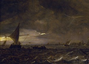 Halászhajók egy torkolatban, alkonyatkor, a horizonton egy város és annak harangtornya. Jan van Goyen (1596-1656) olaj, fa. alkotó: Jan Josephsz van Goyen