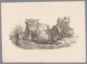 Tehén, kos és két bárány Beesten Studien J. Kobell Paul Potter nyomán Nr. 1 (sorozat címe) alkotó: Jan Kobell (III)