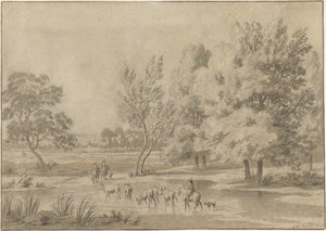Táj fákkal, lovasokkal és néhány tehénnel egy itató helyen alkotó: Jan Laurensz. van der Vinne