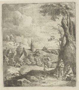 Táj egy faluval és két férfival egy fa mellett alkotó: Jan Lauwryn Krafft (I) (attributed to)