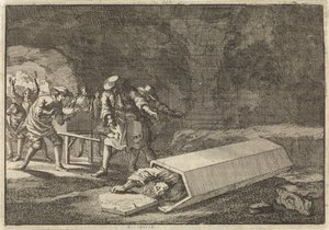 Rómában a temetkezési szolgák látják, hogy Antonio Marlini, akit néhány nappal korábban egy páncélszekrényben temettek el, valószínűleg halott volt, 1696 alkotó: Jan Luyken