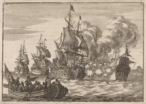 Valenciában a spanyol Papachino admirálist három francia hajó támadja meg Tourville admirális vezetésével, mert nem tiszteleg elég gyorsan, 1688 alkotó: Jan Luyken
