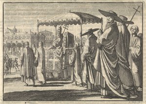 IV. Keresztény, Dánia királya, pápának öltözve, körmenetet imitál udvartartásaival, 1596 alkotó: Jan Luyken