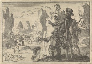 A fegyveres spanyolok sziklákról nézik le a teljesen vad embereket, kb. 1600 alkotó: Jan Luyken