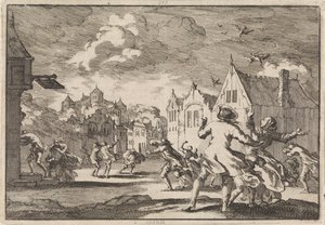 A lüneburgi Luchow-kastély melletti falu lakóit forgószél támadja meg, amelyben a madarak holtan zuhannak le az égből, 1671 alkotó: Jan Luyken