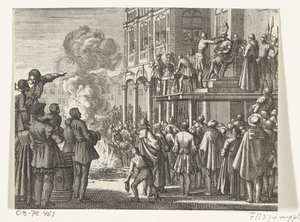 Jacob van Campen püspöksüveggel a fején az amszterdami vesztőhelyen, 1535 alkotó: Jan Luyken