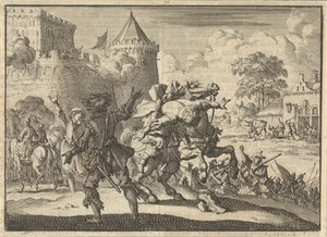 Dampier birodalmi parancsnok lezuhan a lováról a Pressburg (Pozsony) falairól leadott lövés után, 1620 alkotó: Jan Luyken