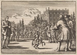 Egy madridi téren tömeg gyűlt össze Louisillo, a spanyol király törpe körül, 1675 alkotó: Jan Luyken