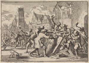 Lázadás Dordrechtben, amelyben Cornelis de Witt képét az emberek elpusztítják, 1672 alkotó: Jan Luyken
