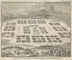 Izrael tizenkét törzsének táborai a tabernákulum körül Campement des XII Tribus, et celui des Levites tout autour du Tabernacle (cím a tárgyon)