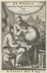 Két férfi egy földgömböt tanulmányoz Címlap: J. Ray, The World from Her Beginning to Her End, 1694 alkotó: Jan Luyken