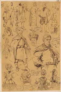 Skarbczyk. Vierzehn Personen: Männer und Frauen in Kostümen aus dem XIII., XV., XVI., XVII. und XVIII. Jahrhundert