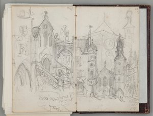 Jan Matejko müncheni vázlatfüzete. Egyoldalas rajz. Előlap: a müncheni régi Marienplatz tanulmánya és tornyok tanulmánya. alkotó: Jan Matejko